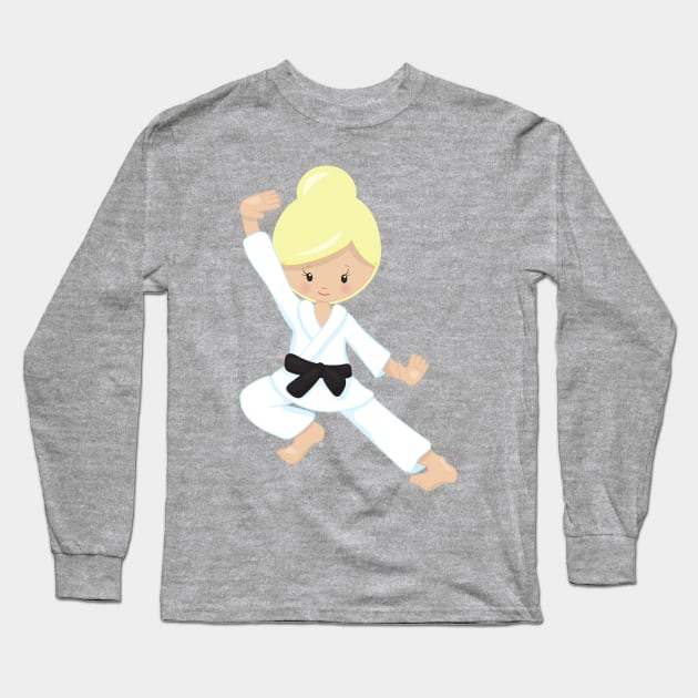 Karate Girl, Cute Girl, Black Belt, Blonde Hair Long Sleeve T-Shirt by Jelena Dunčević